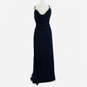 Tadashi Black Cowl Neck Draped Evening Gown Lace Sequin Side Panel M